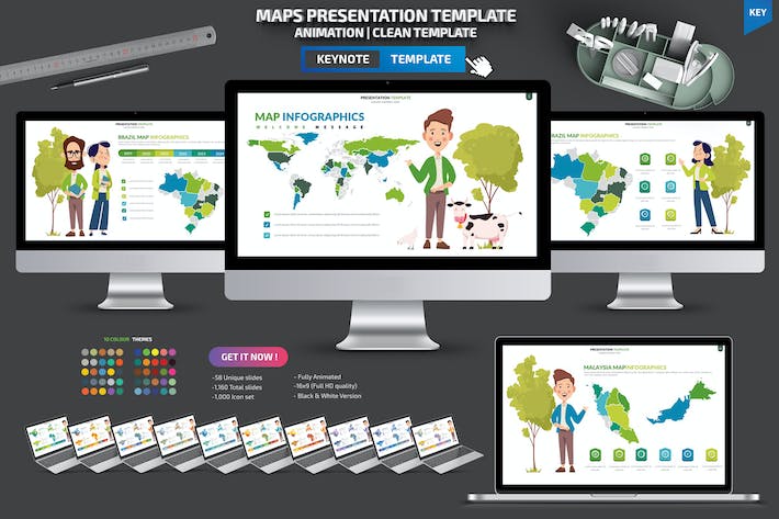 卡通人物插画世界国家地图keynote模板 - 顶尖PPT
