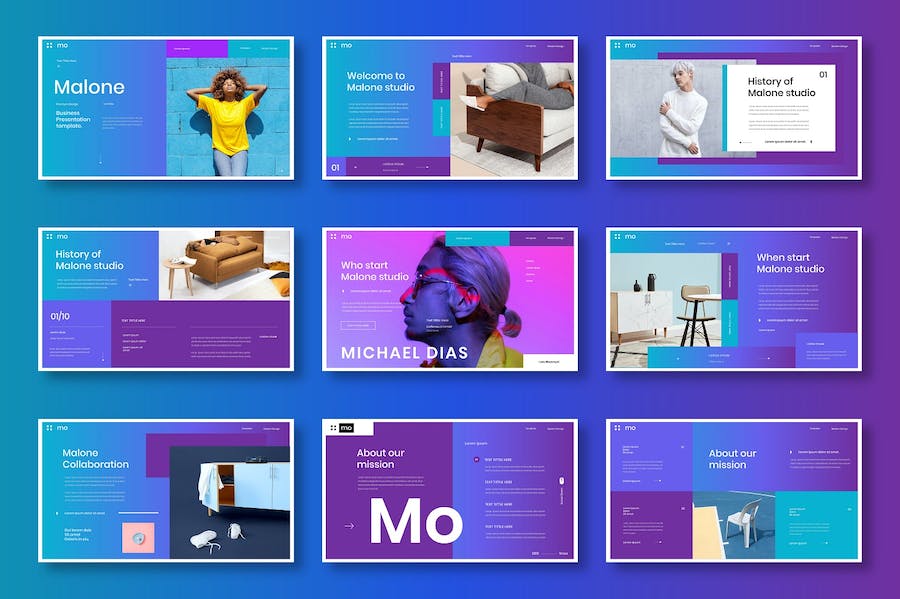 时尚渐变风格创意公司介绍案例展示国外PPT模板 - 顶尖PPT