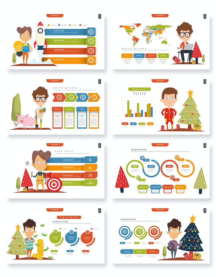 创业卡通圣诞老人圣诞节场景插画数据图形ppt模板 - 顶尖PPT
