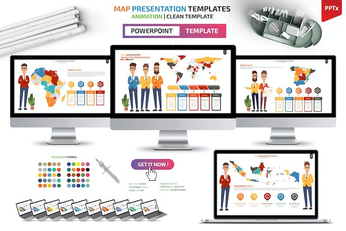 人物插画世界国家地图可编辑keynote模板 - 顶尖PPT