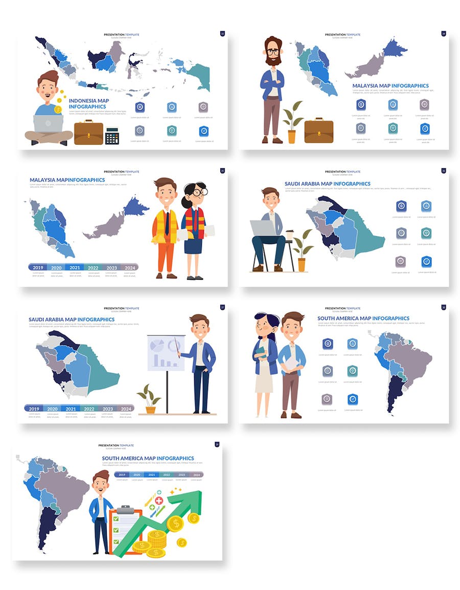 卡通人物插画世界国家地图keynote模板 - 顶尖PPT