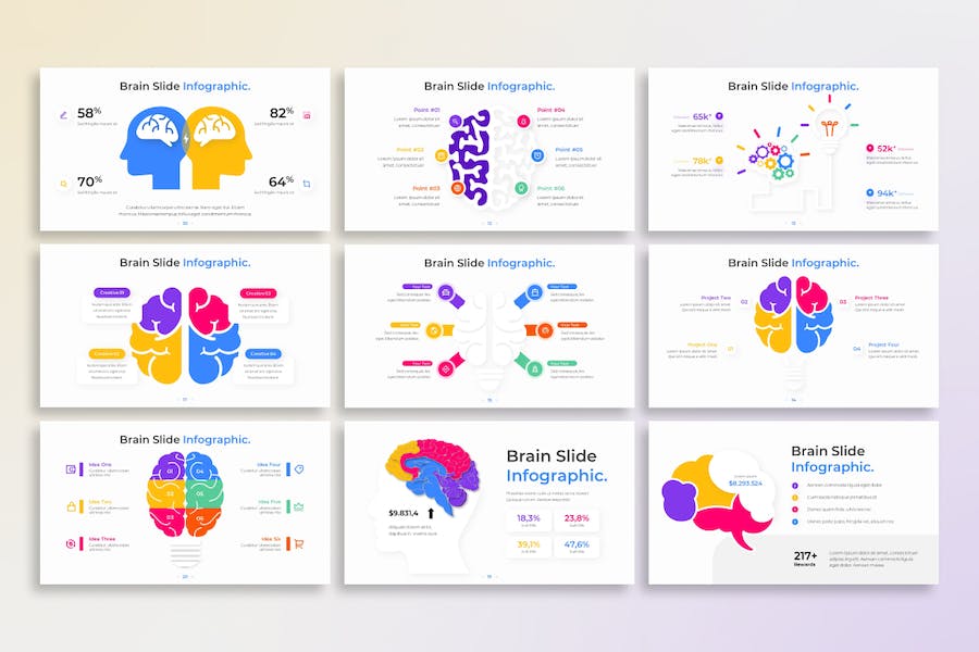 创意彩色多种样式大脑图形人工智能图形PPT模板 - 顶尖PPT
