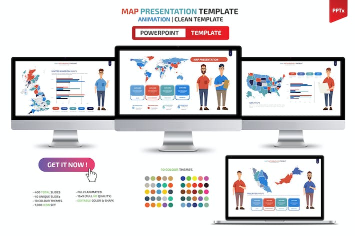 人物插画世界各国地图区域PPT模板 - 顶尖PPT
