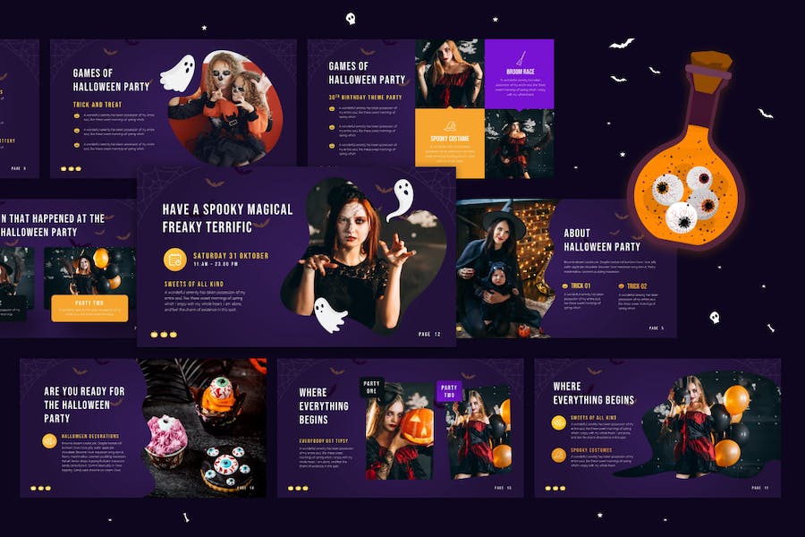 万圣节派对创意卡通幽灵南瓜图形PPT模板 - 顶尖PPT