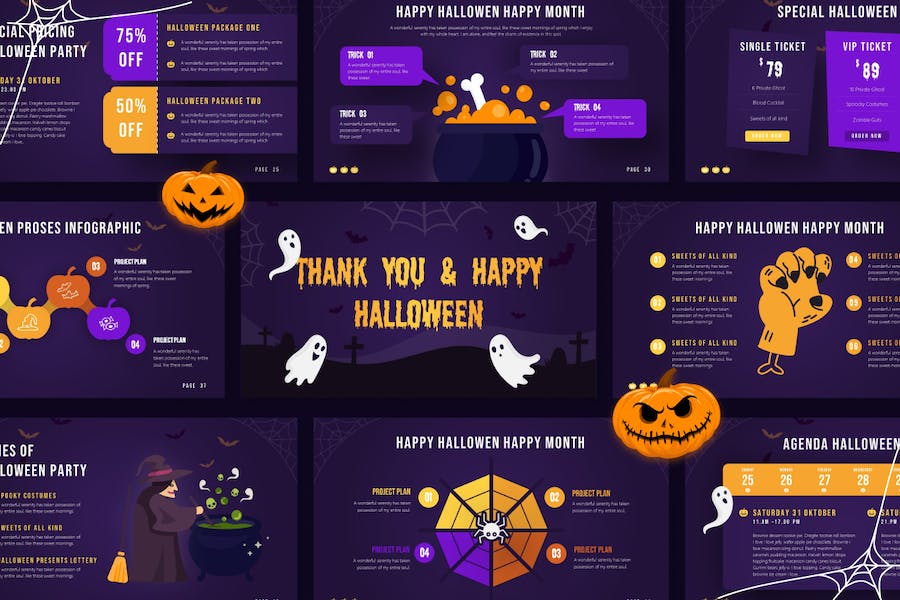 万圣节派对创意卡通幽灵南瓜图形PPT模板 - 顶尖PPT