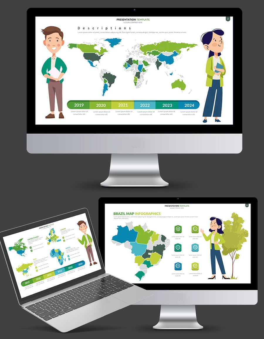 卡通人物插画世界国家地图PPT模板 - 顶尖PPT