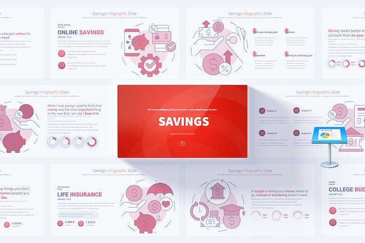 红色精美储蓄金融主题信息图表keynote模板 - 顶尖PPT