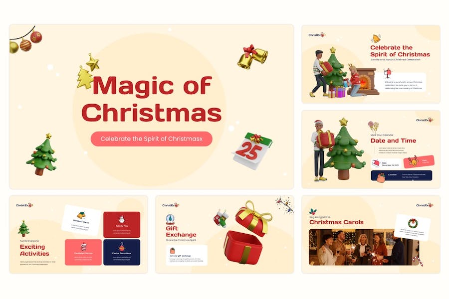 3D圣诞节人物图形圣诞节活动2024派对PPT模板 - 顶尖PPT