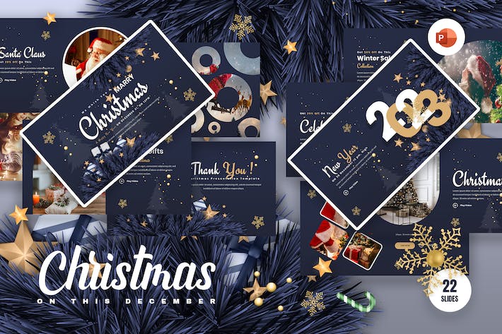 深蓝主题金色雪花上圣诞节祝福快乐PPT模板 - 顶尖PPT