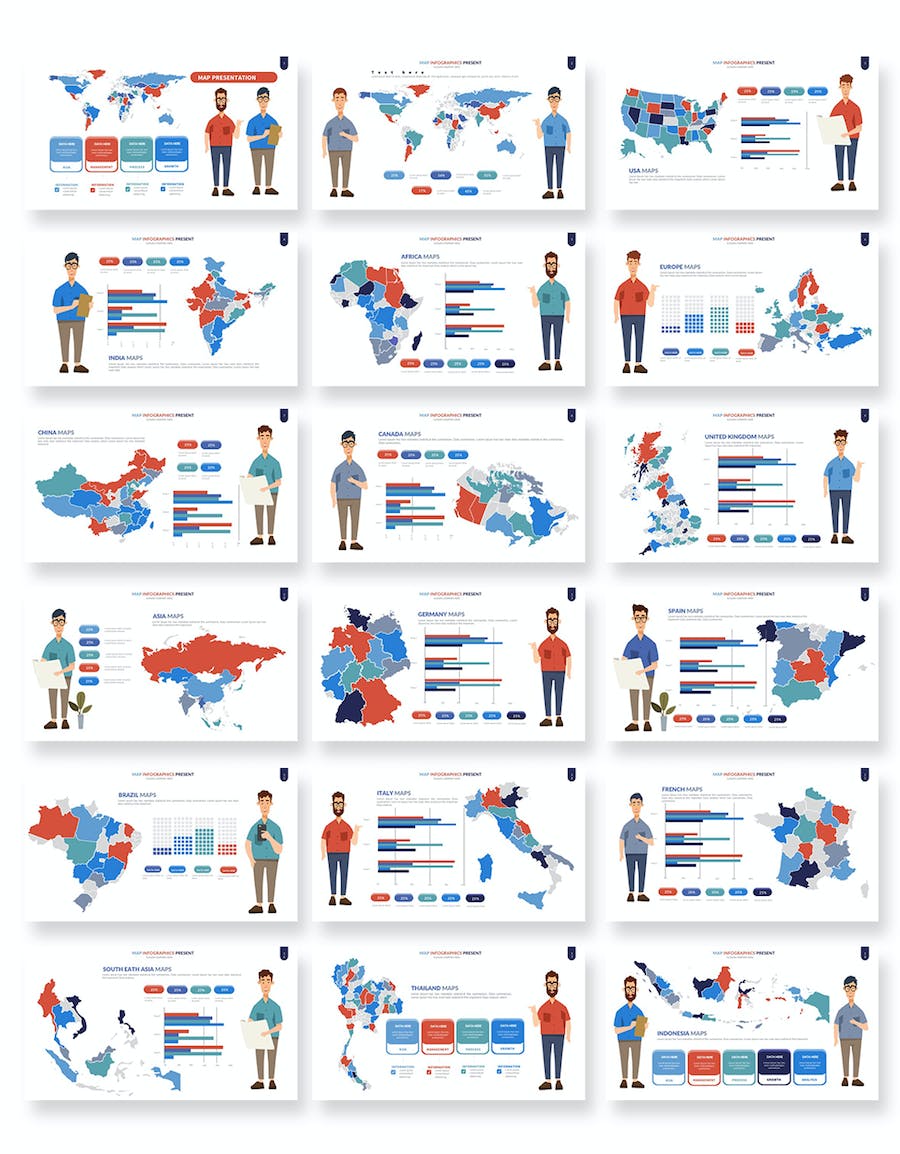 人物插画世界各国地图区域PPT模板 - 顶尖PPT