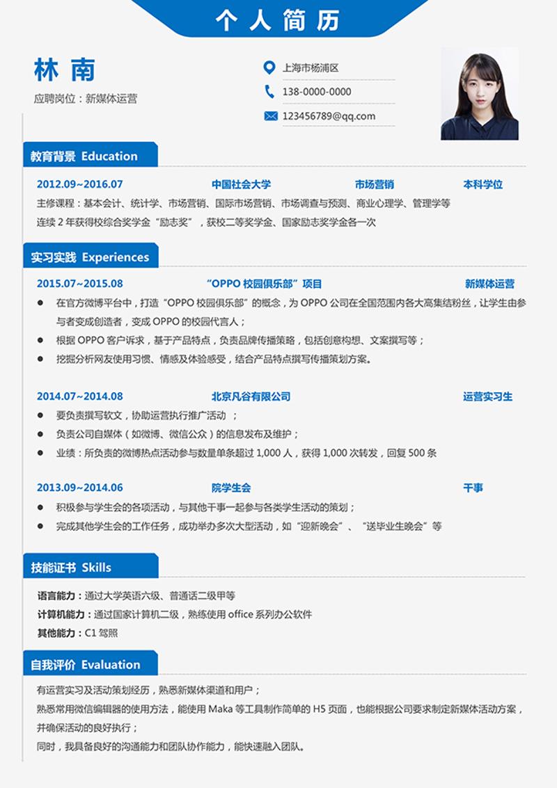 新媒体运营个人简历word模板 - 顶尖PPT