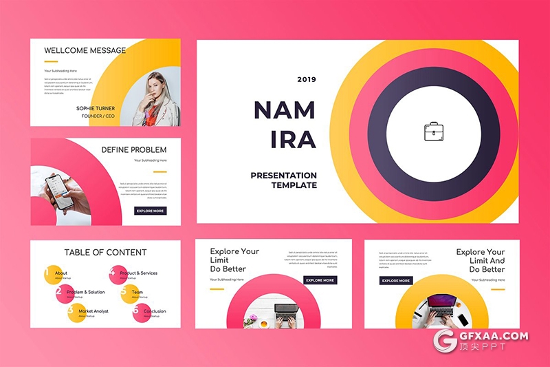 50页粉色创意圆形设计商务Google slides模板 - 顶尖PPT