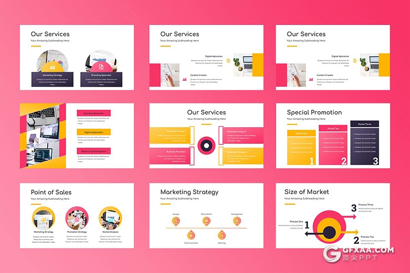 50页粉色创意圆形设计商务Google slides模板 - 顶尖PPT