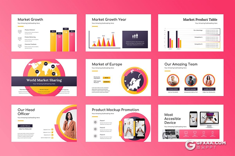 50页粉色创意圆形设计商务Google slides模板 - 顶尖PPT