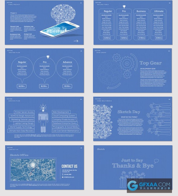 蓝色科技互联网线描效果PPT模板 - 顶尖PPT