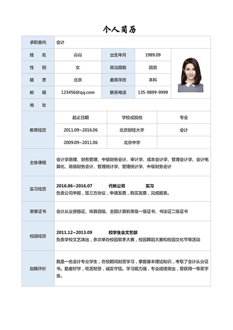 表格单页个人简历模板 - 顶尖PPT