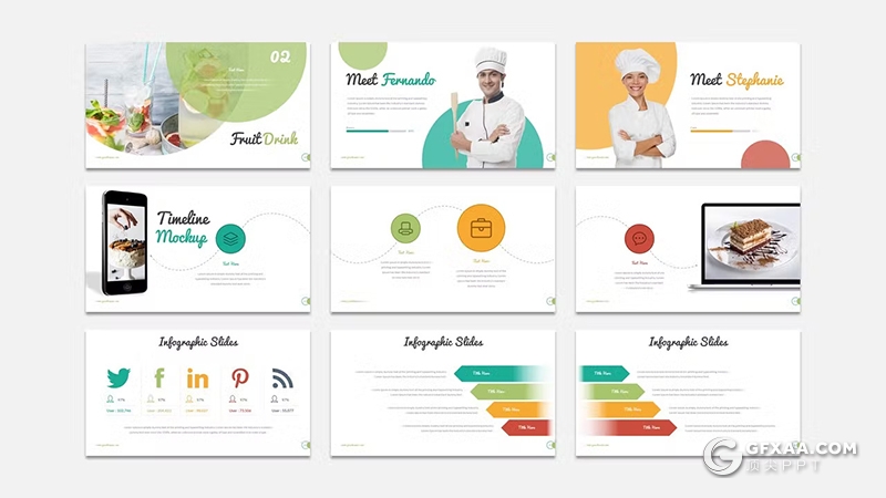 30页餐饮美食介绍展示数据分析国外PPT模板5种配色
