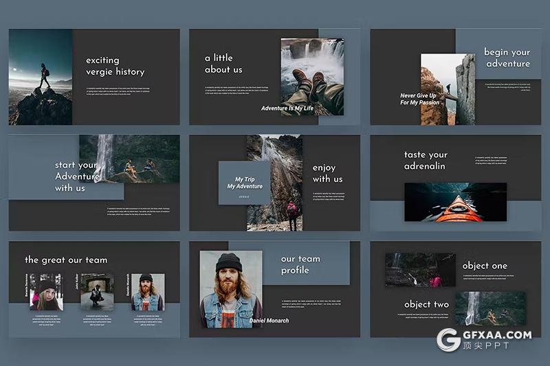 30页旅游展示登山运动摄影图片展示徒步旅行国外GoogleSlides模板5种配色