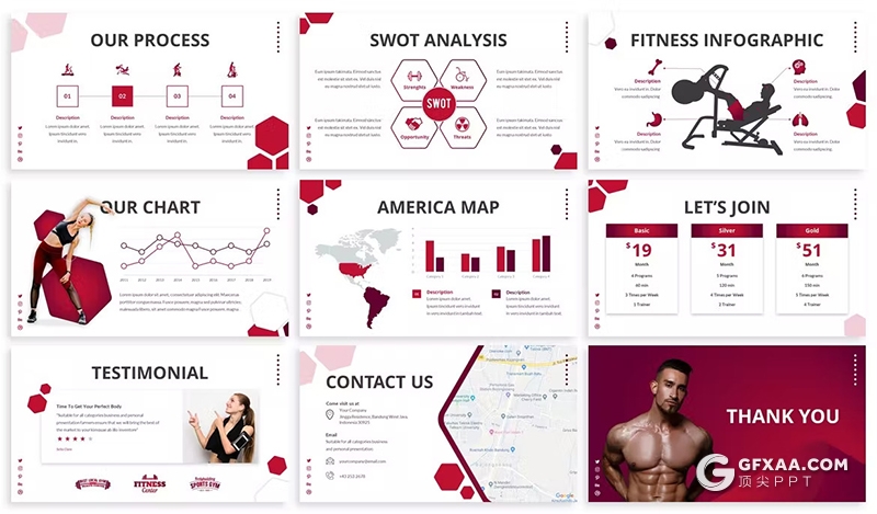 30页运动健身主题健身房运动介绍国外GoogleSlides模板3种配色2款尺寸