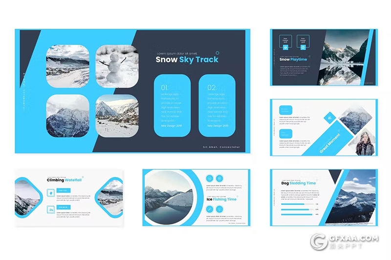 30页天气主题雪山摄影介绍国外keynote模板5种配色