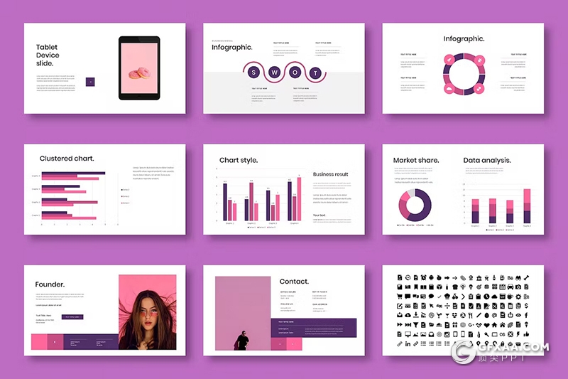 39页紫色精美时尚摄影图片展示通用国外GoogleSlides模板