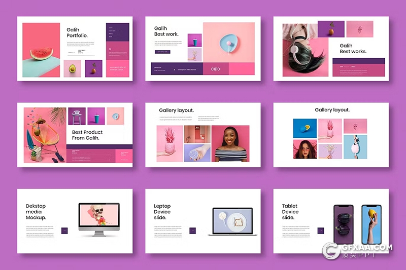 39页紫色精美时尚摄影图片展示通用国外GoogleSlides模板