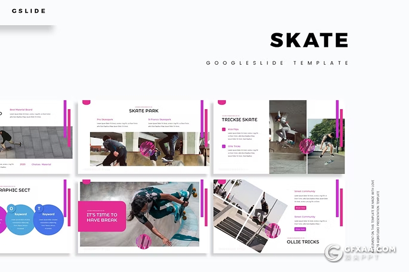 30页户外运动滑板娱乐活动策划国外GoogleSlides模板5种主题配色