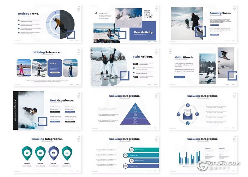30页徒步旅行滑雪项目介绍分析国外GoogleSlides模板5种配色