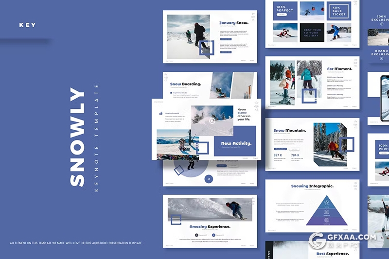 30页徒步旅行滑雪项目介绍分析国外KeyNote模板5种配色