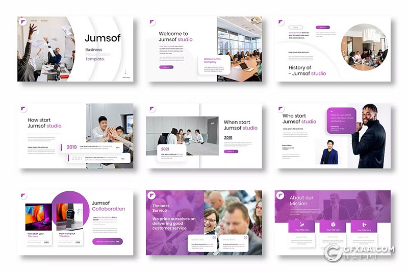 39页渐变紫色商业计划书团队介绍商务通用国外GoogleSlides模板