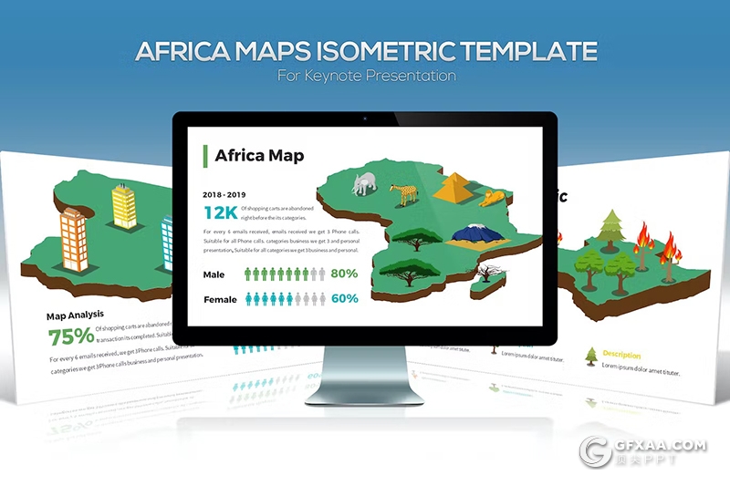 28页3D立体非洲地图等轴测图注释记号图例亚洲国家地图PPT模板
