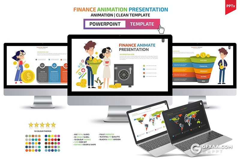 33页多色彩卡通人物商务金融财务分析行业图形图表PPT模板10种配色
