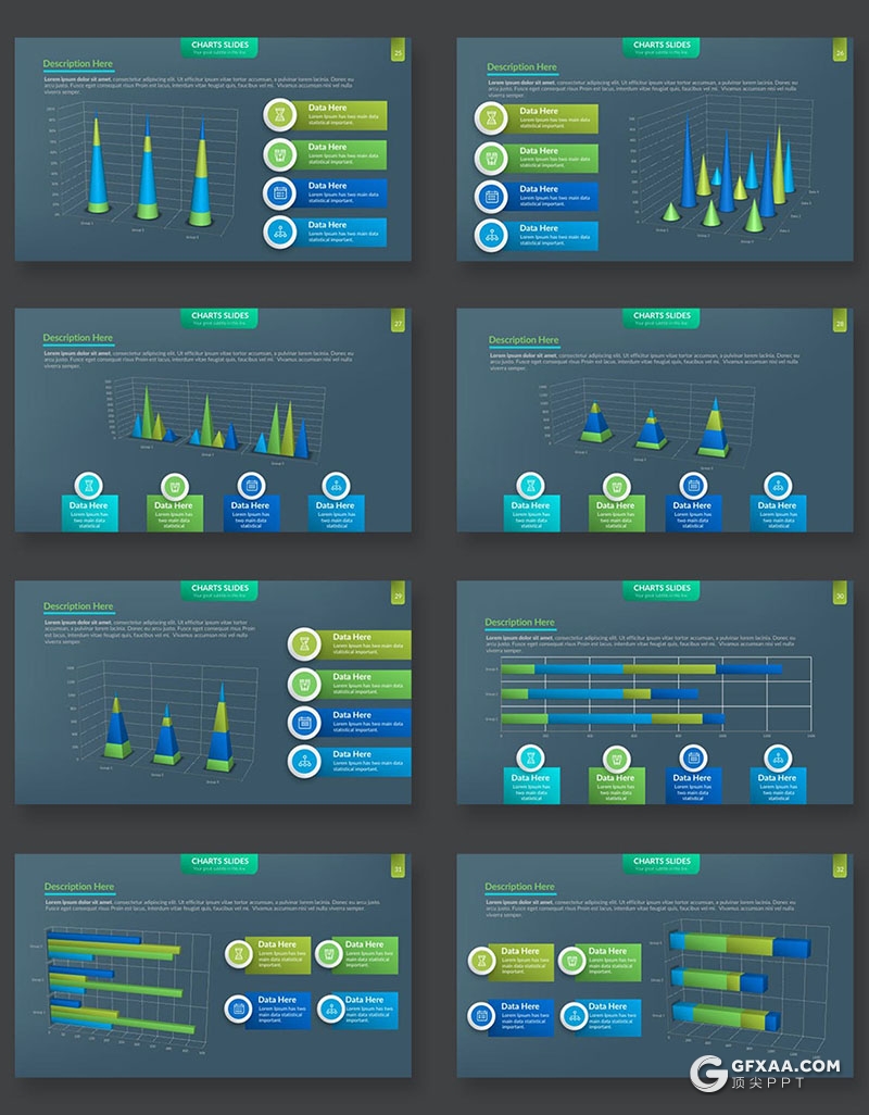 39页蓝绿色条形财务数据分析图形图表PPT模板