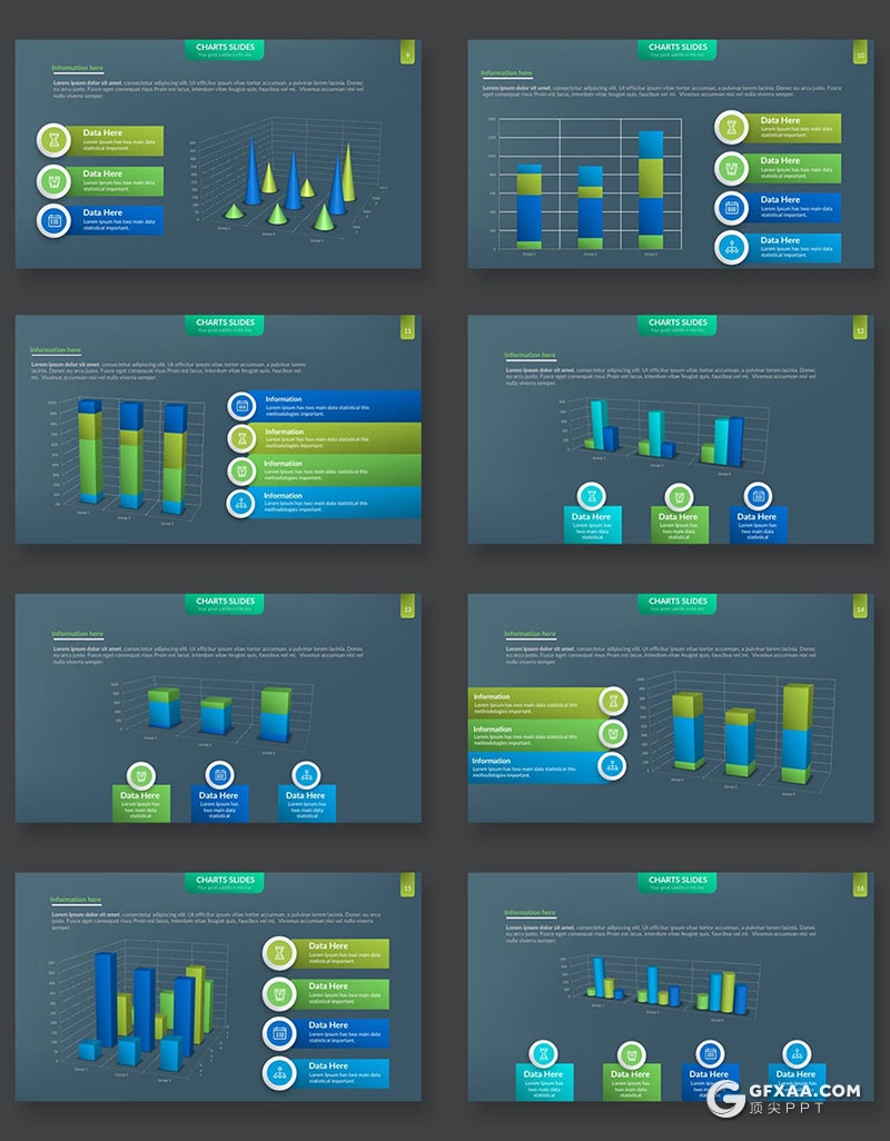 39页蓝绿色条形财务数据分析图形图表PPT模板