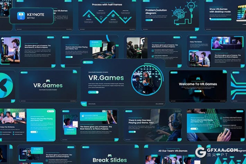 蓝色游戏宣传介绍电竞科技主题多用途国外Keynote模板
