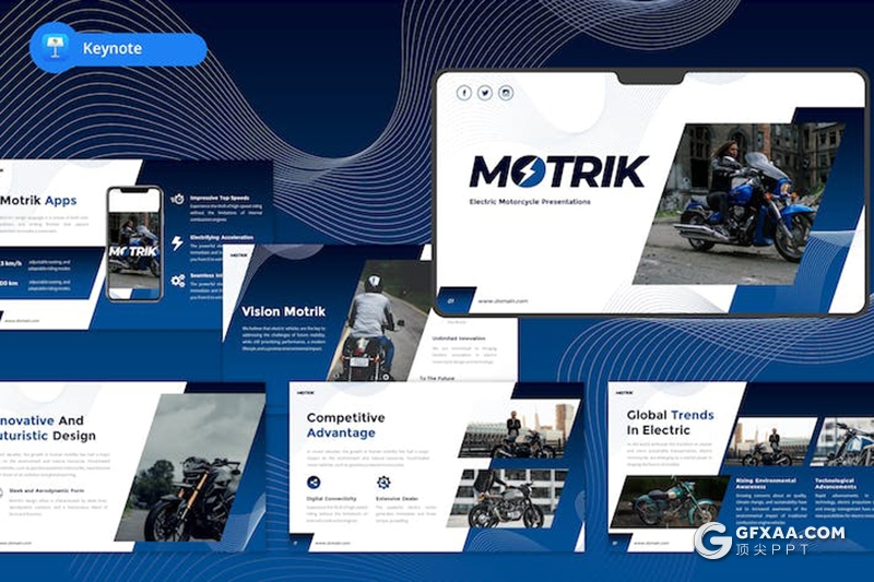 蓝色大气新能源电动摩托车企业介绍产品展示keynote模板