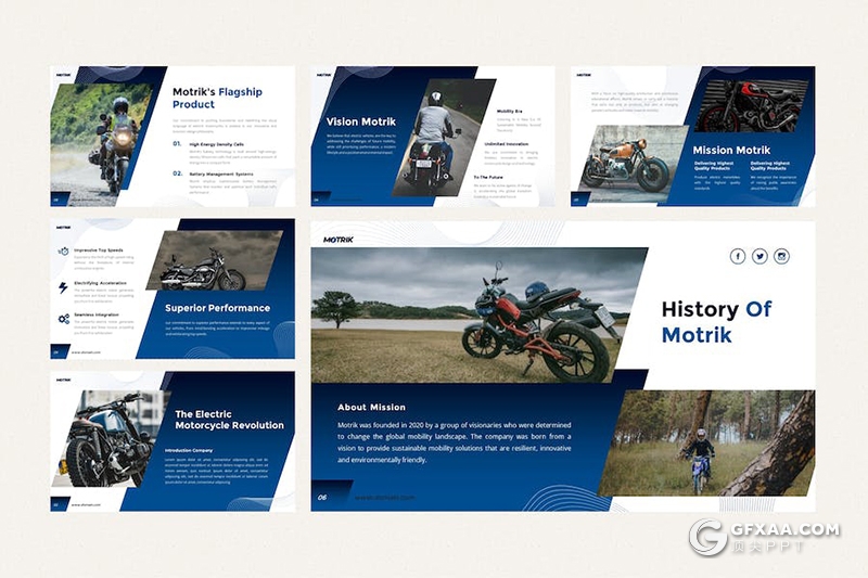 蓝色大气新能源电动摩托车企业介绍产品展示keynote模板