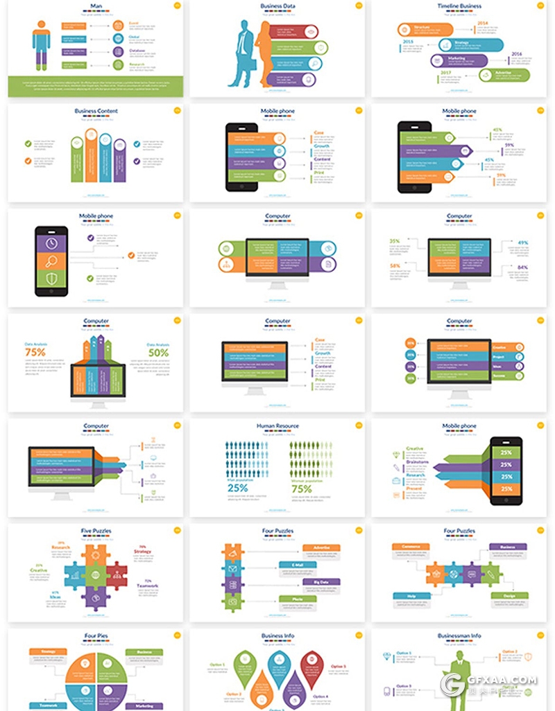 50页多色彩卡通商务图形图表数据分析GoogleSlides模板